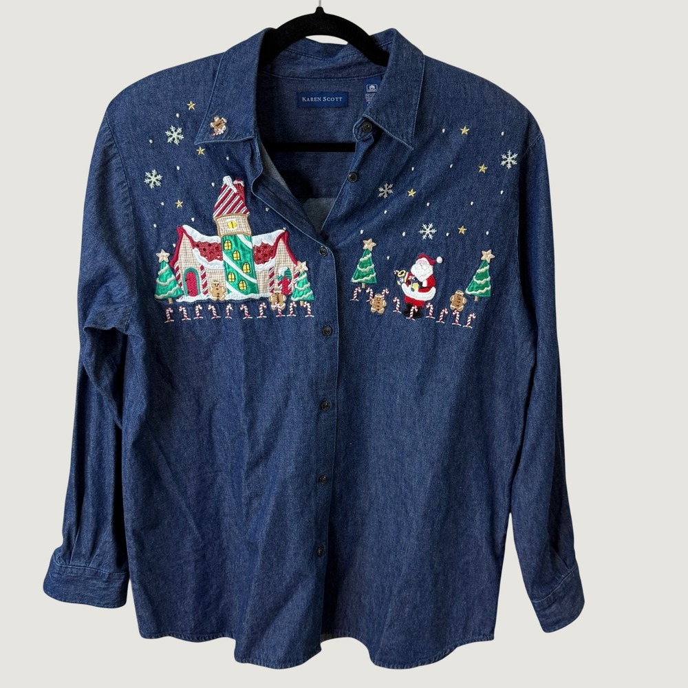 Karen Scott Christmas Denim Shirt Blue Embroidered Santa Size L Vintage Holiday